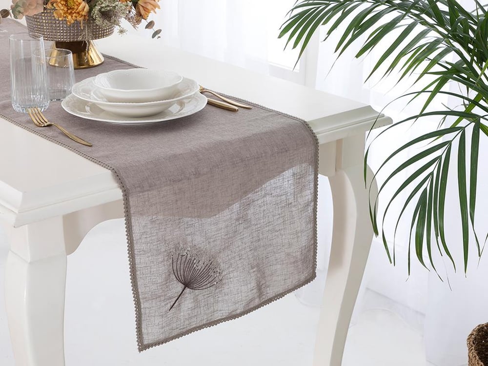 Flowers Embroidered Linen Runner 40x150 cm Dark Beige