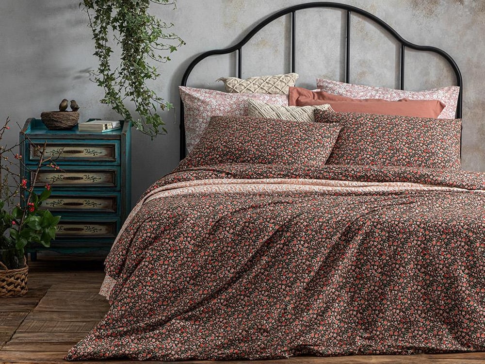 Floweret Set De Lenjerıe De Pat Pentru O Persoana, Din Bumbac, 160*220 Cm, Negru
