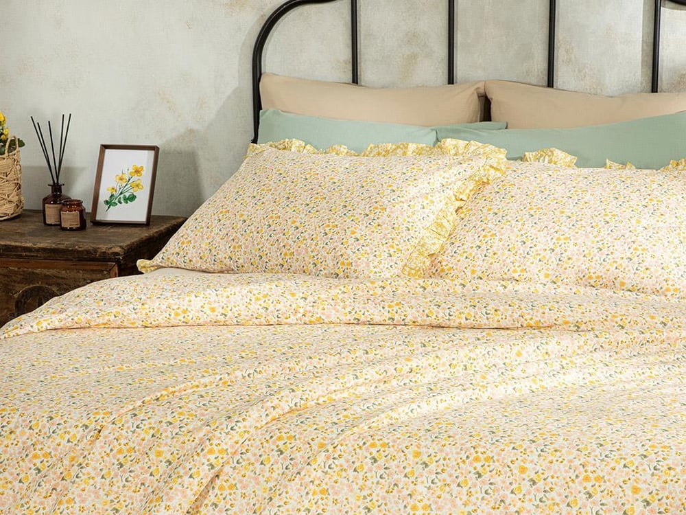 Floweret, Set husă de pilotă cu față de pernă, pentru o persoană, bumbac, 160x220 cm/ 50x70 cm, galben