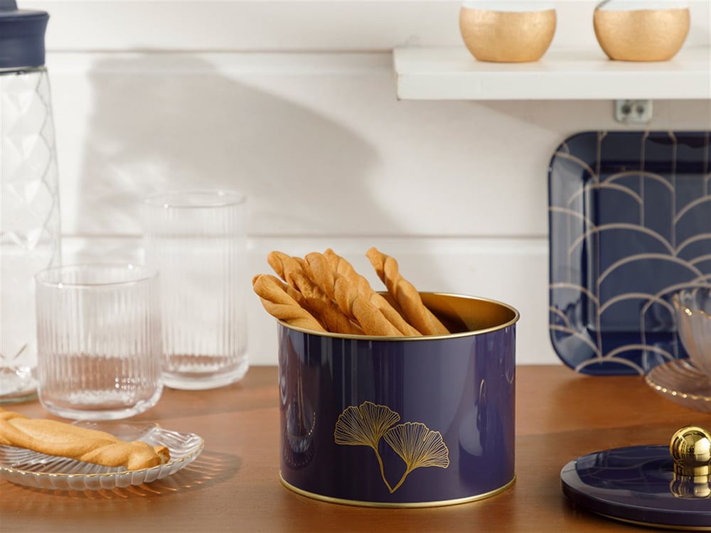 ginkgo twig Metal Storage Box 14x10 cm Dark Blue