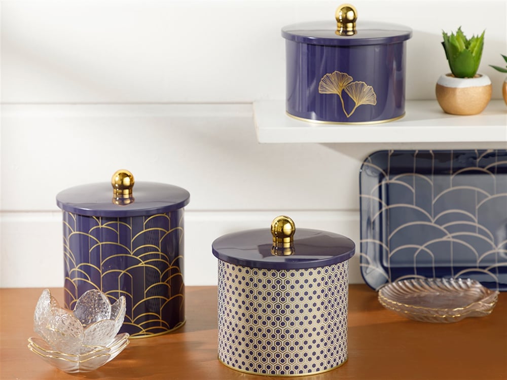 ginkgo twig Metal Storage Box 14x10 cm Dark Blue