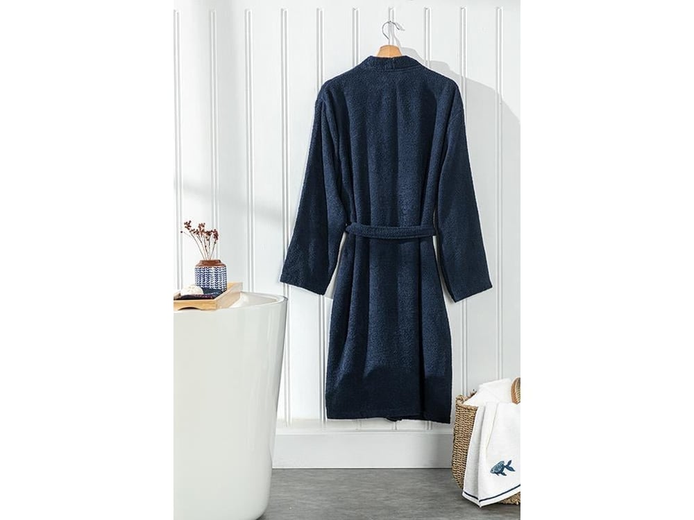 Plain Cottony Bathrobe S-M Dark Blue