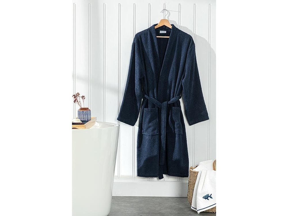 Plain Cottony Bathrobe S-M Dark Blue