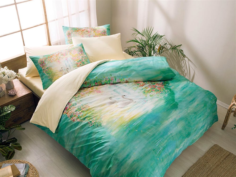 Lacul Swan Cu Bumbac Double Lenjerie De Pat 200x220 cm Seledon