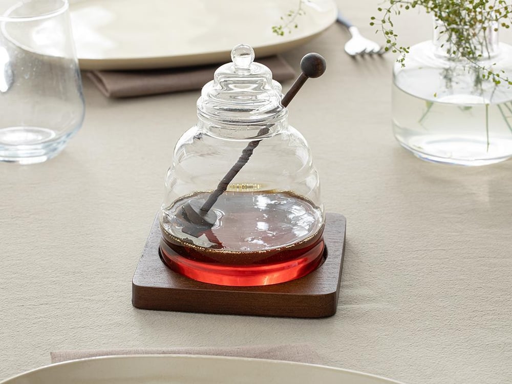 Lazio Borosilicate with wooden stand and spoon Honey Cup 500 ml Transparent