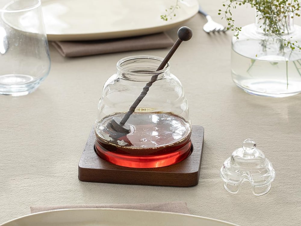 Lazio Borosilicate with wooden stand and spoon Honey Cup 500 ml Transparent