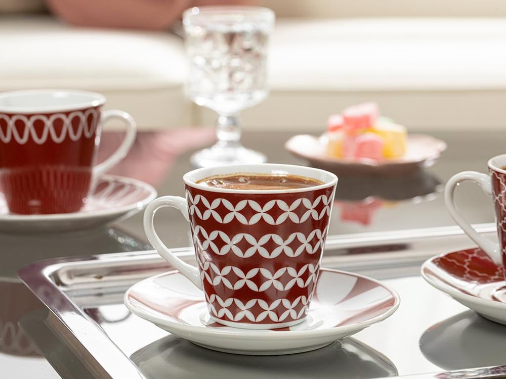 Luis Porcelain 12 Parça 6 Kişilik Coffee Cup Set 80 ml Claret Red