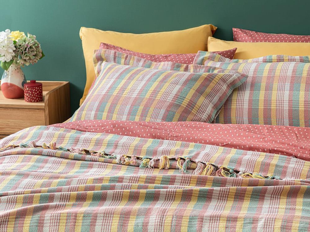 Madras Plaid Set Cuvertură De Pat Dublu, Țesut, 240*260 Cm, Natural - Roșu Cărămiziu