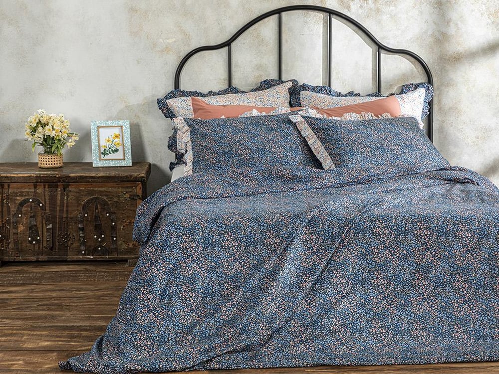 Millefleur Cu Bumbac Single Set Lenjerie De Pat 160x220 cm Bleumarin