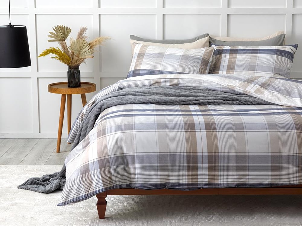 Modern Check Cu Bumbac Super King Set Lenjerie De Pat 260x220 cm Bleumarin