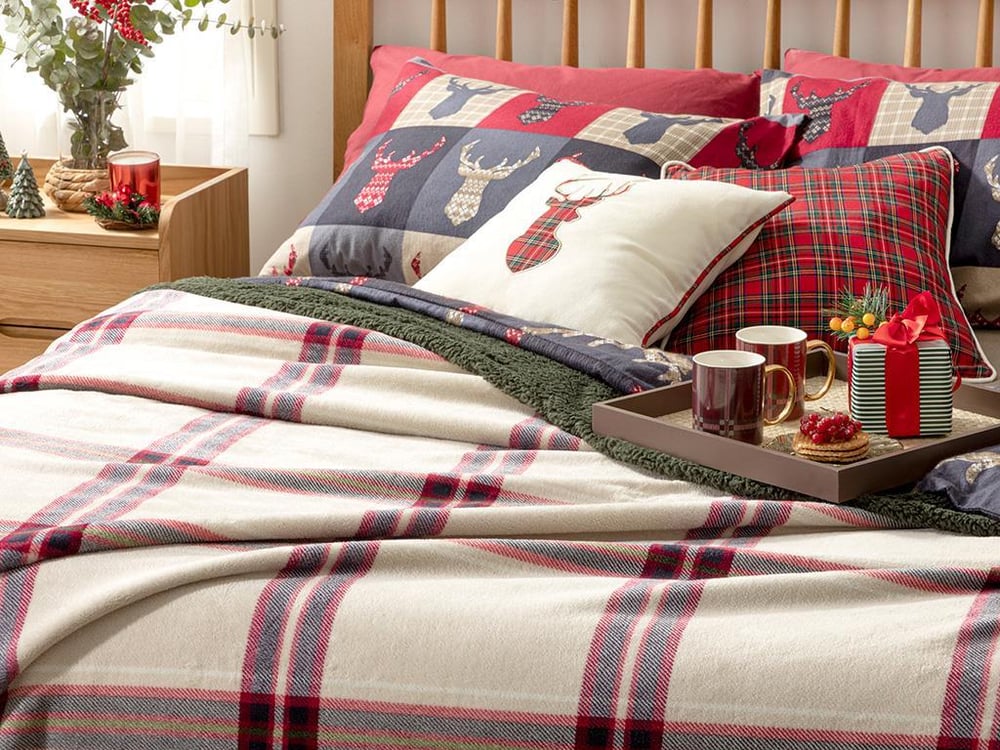 Windowpane Sherpa Double Blanket 200x220 cm Beige-Red.