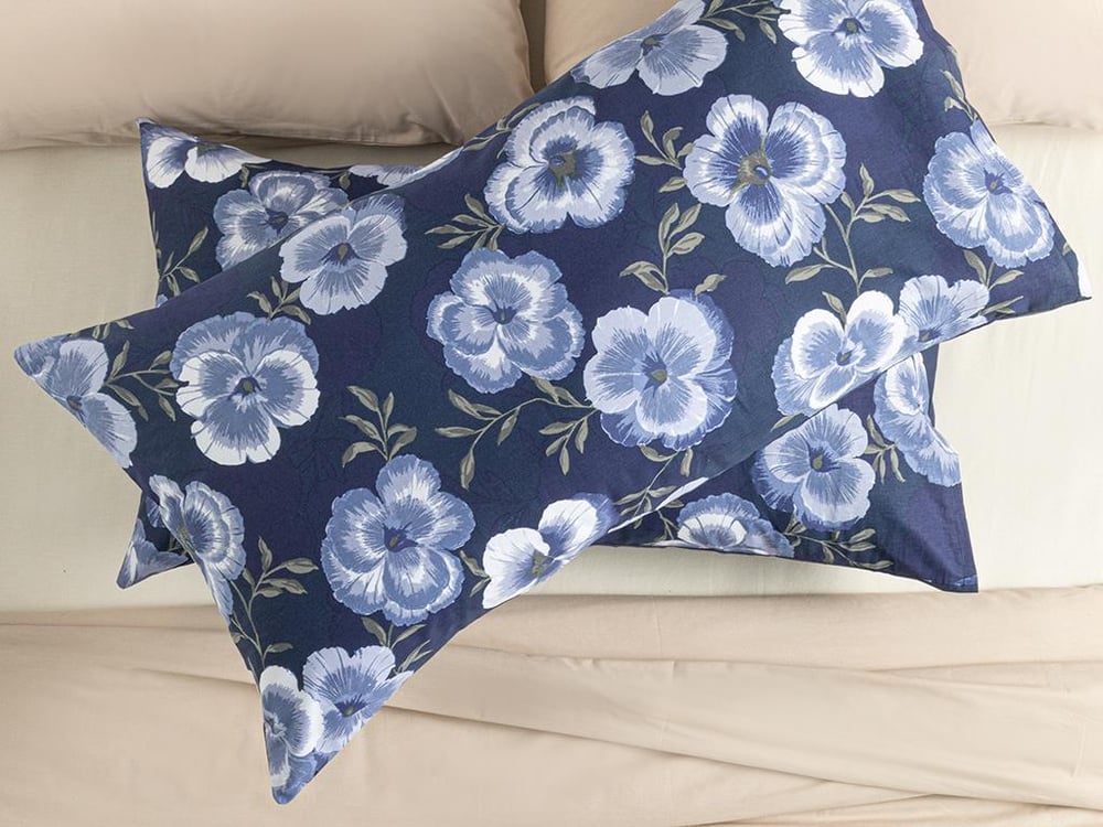 Pansy Bloom Cu Bumbac Cu 2 Piese Față De Pernă 50x90 cm Albastru Închis