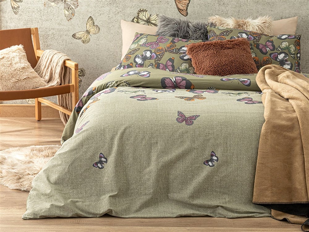 Papilions Cu Bumbac Super King Set Lenjerie De Pat 260x220 cm Verde
