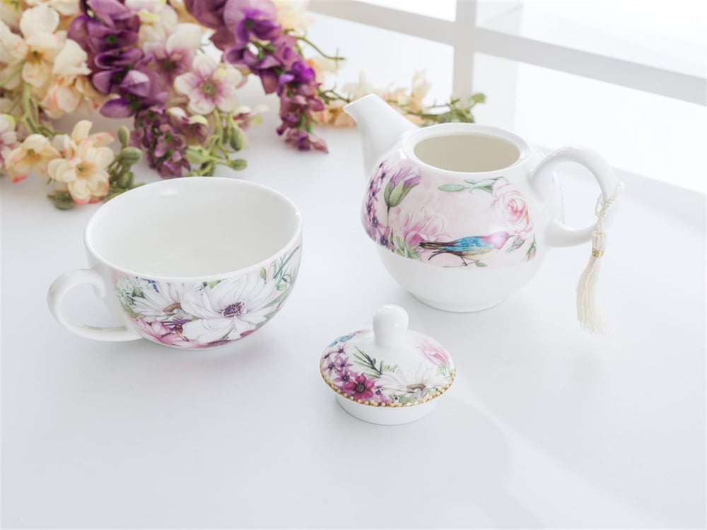 Flower Bird Porcelain Pot Set Pink