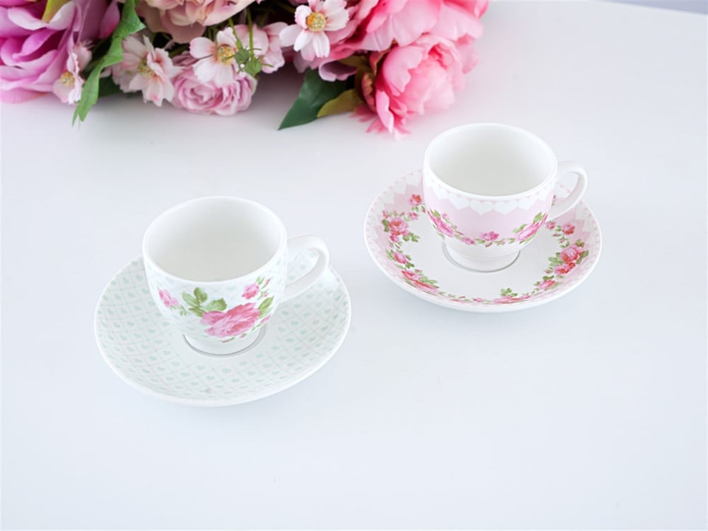 Pastel Lovers Bone China 4 Pieces 2 Servings Coffee Cup Set 100 ml Pink