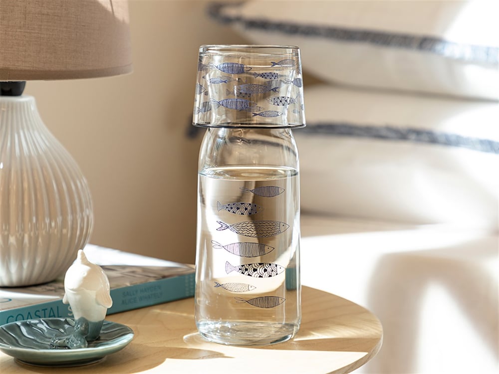 Little Fishes Glass Bedside Jug 700 ml Navy Blue