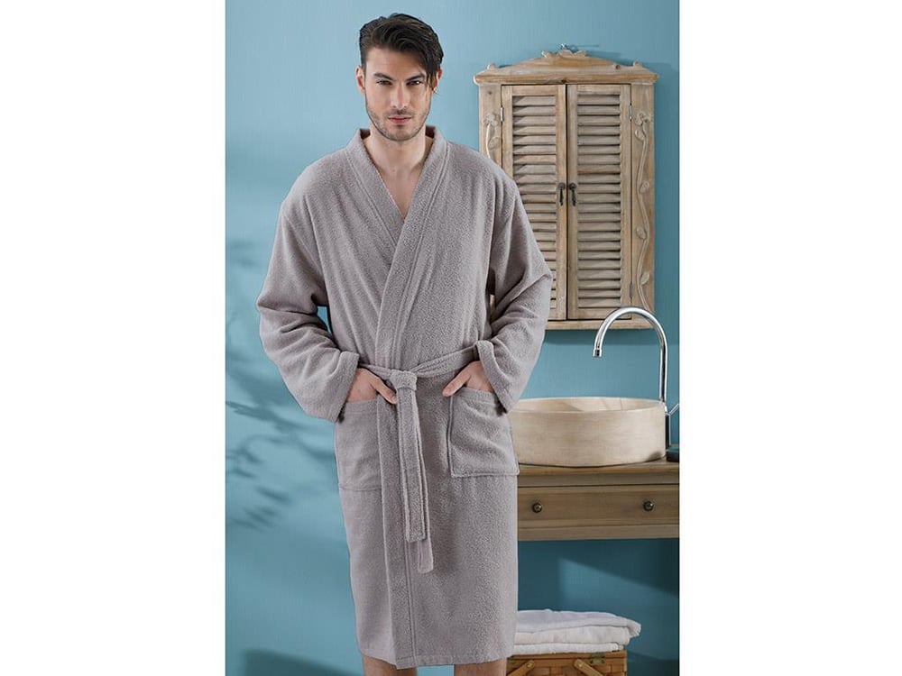 Plain Cottony Mens Bathrobe S-M Dark Gray