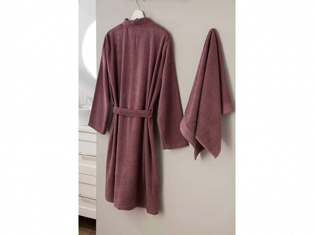 Plain Cottony 2 Set Bathrobe Set L-XL Rose Color