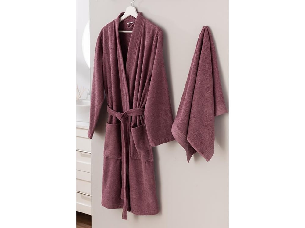 Plain Cottony 2 Set Bathrobe Set L-XL Rose Color