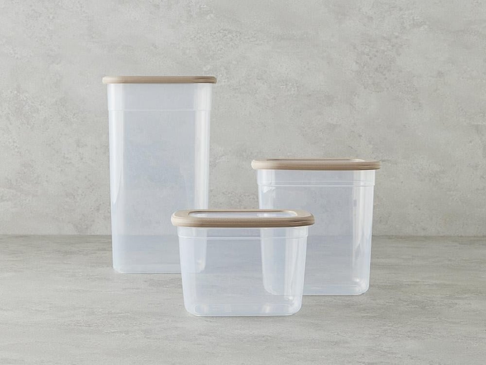 Set 3 recipiente depozitare alimente cu capac, Safe Food, plastic, 1300+2000+3200 ml, bej