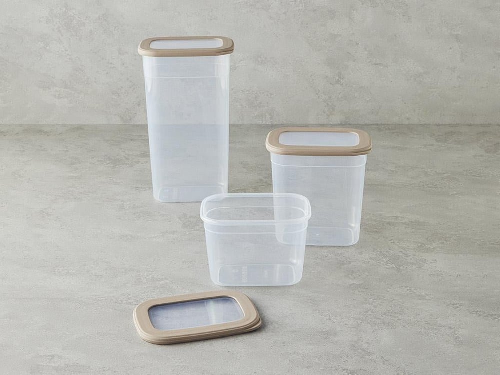 Set 3 recipiente depozitare alimente cu capac, Safe Food, plastic, 1300+2000+3200 ml, bej