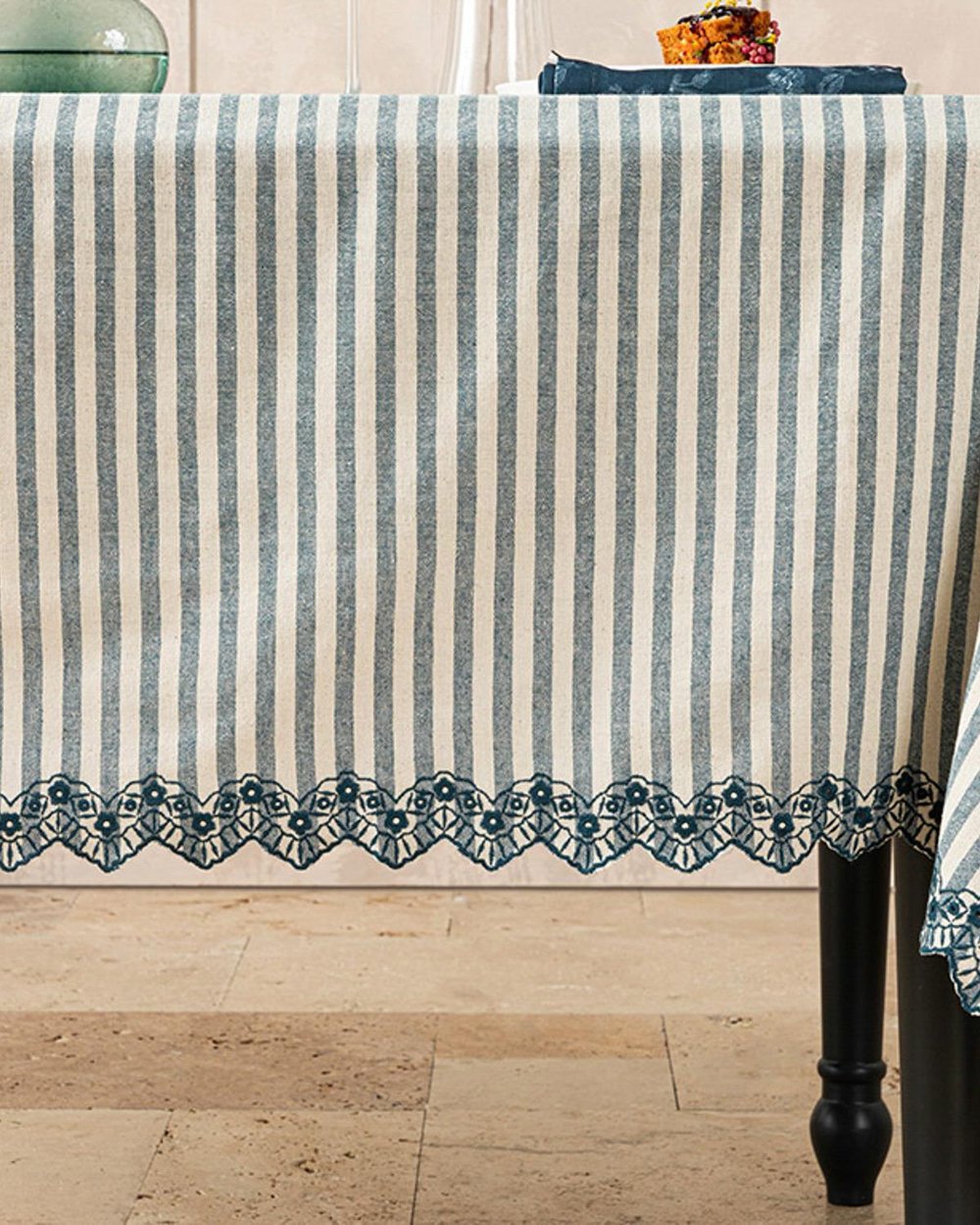 Serenity Cotton Embroidered Table Cloth 150x200 cm Navy Blue