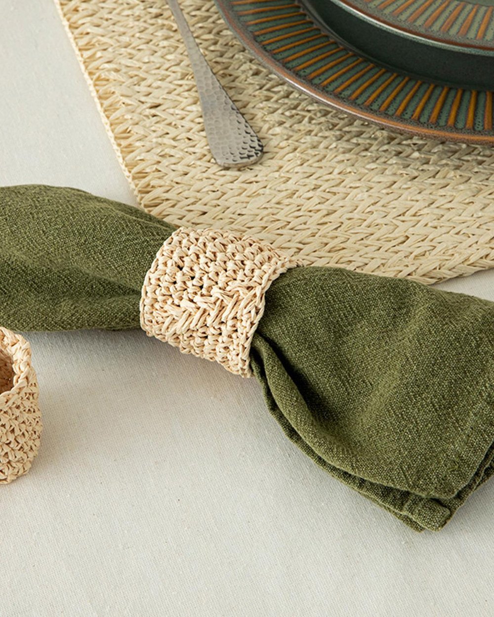 Set 2 inel șervețele, Wicker Weave, rafie, 4 cm, crem