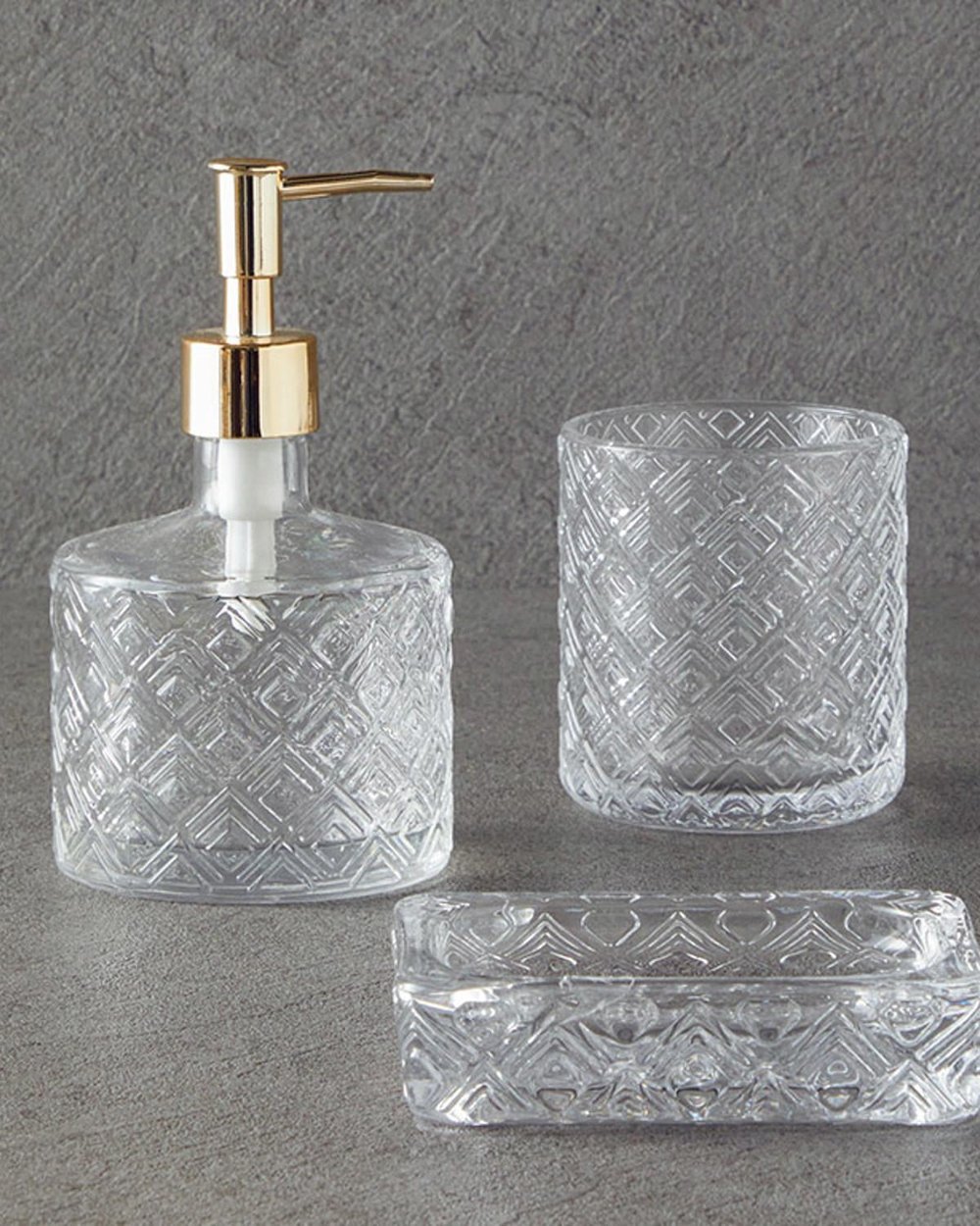 Set 3 accesorii de baie, Deluxe, sticlă, 8,5x11 + 12,5x3 + 8,5x13,5  cm, transparent