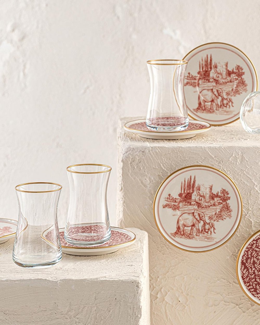 Elephant Porcelain 12 Parça 6 Kişilik Tea Set 160 ml Red