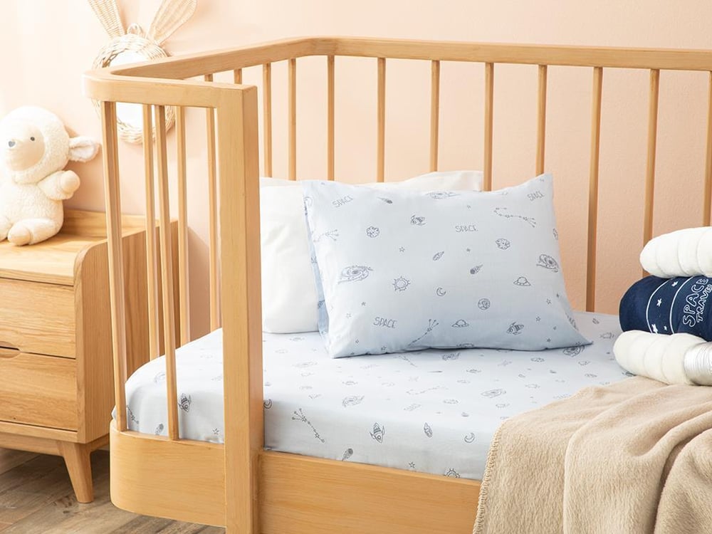 Set cearșaf cu elastic și față de pernă pentru copii, Galaxy, 70x140 cm, bumbac, bleu