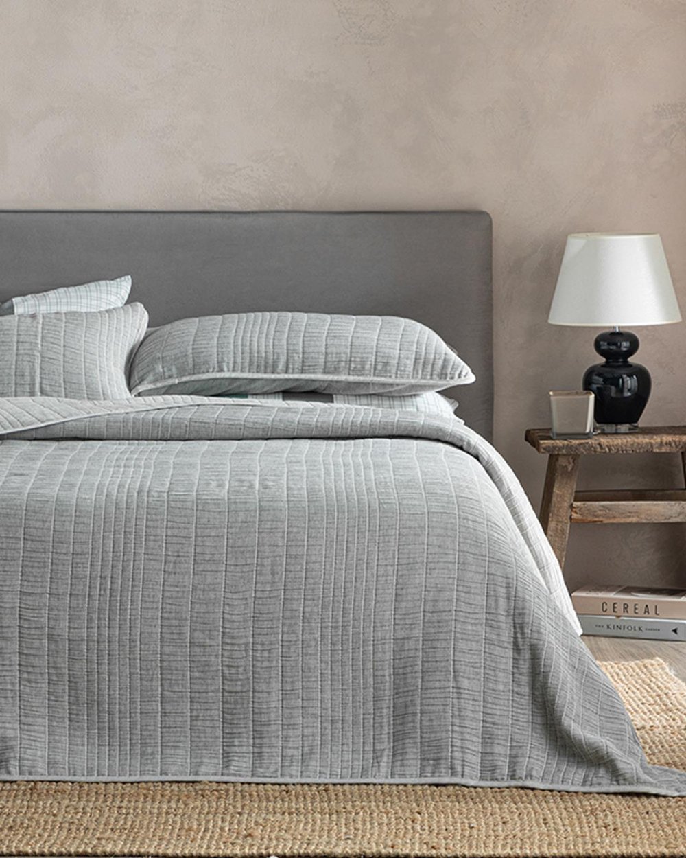 Set cuvertură pat cu față de pernă, pentru o persoană, Cosy Rectangles, bumbac-poliester, 160x240 cm, gri