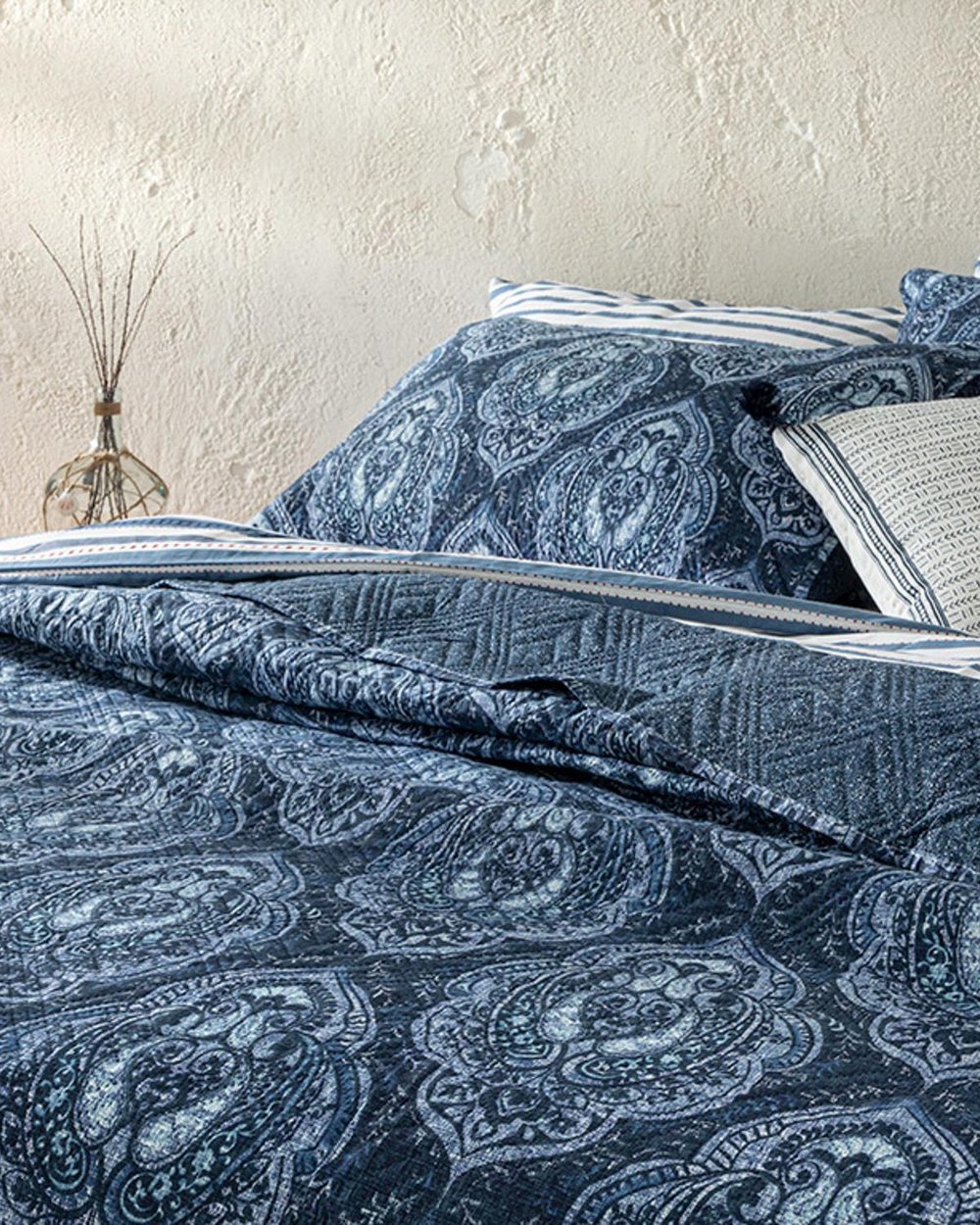 Set cuvertură pat cu față de pernă, pentru o persoană, Deep Damask, poliester, 160x220 cm, bleumarin