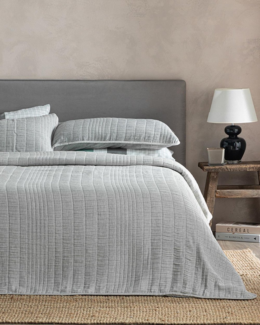 Set cuvertură pat cu față de pernă, pentru o persoană, Cosy Rectangles, bumbac-poliester, 160x240 cm, gri