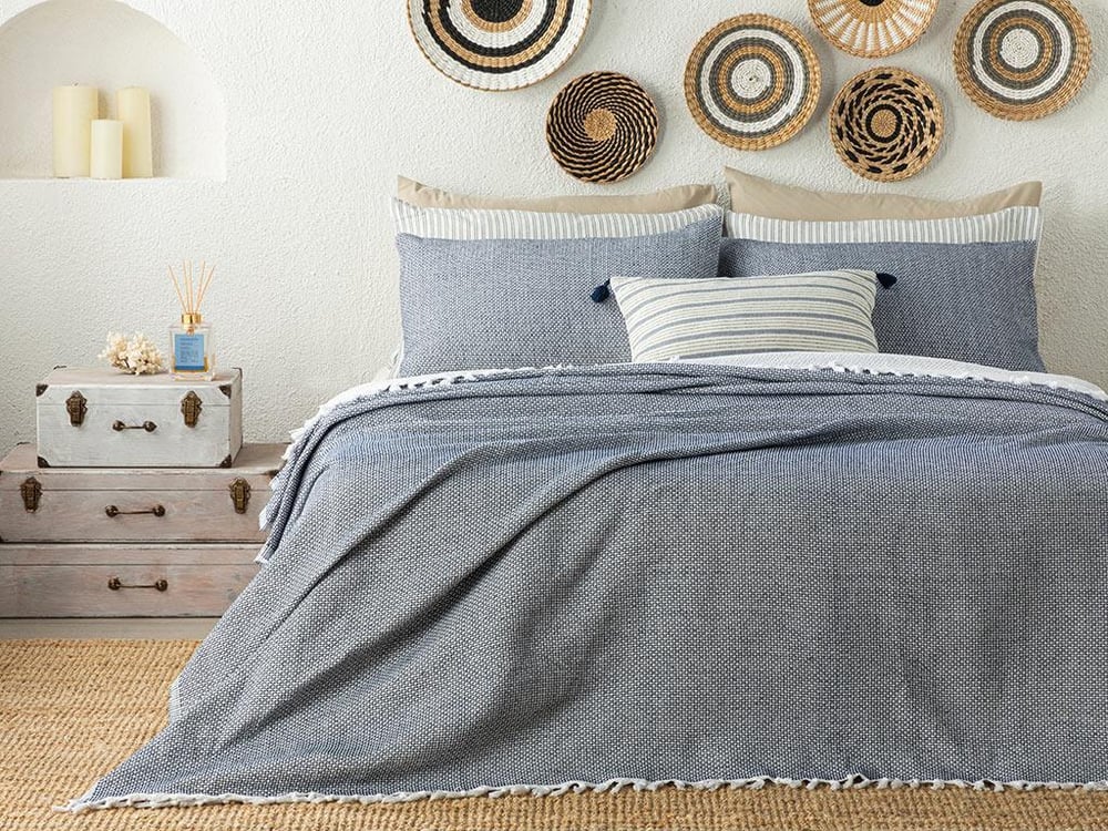 Set cuvertură pat cu fețe de pernă, King size, Dothy, bumbac-acril, 260x280 cm, bleumarin