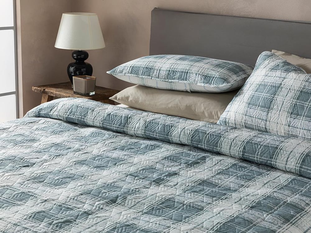 Set cuvertură pat cu fețe de pernă, King size, Static Check, poliester, 240x220 cm, gri