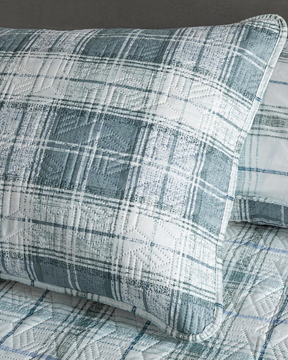 Set cuvertură pat cu fețe de pernă, pentru două persoane, Static Check, poliester, 200x220 cm, gri