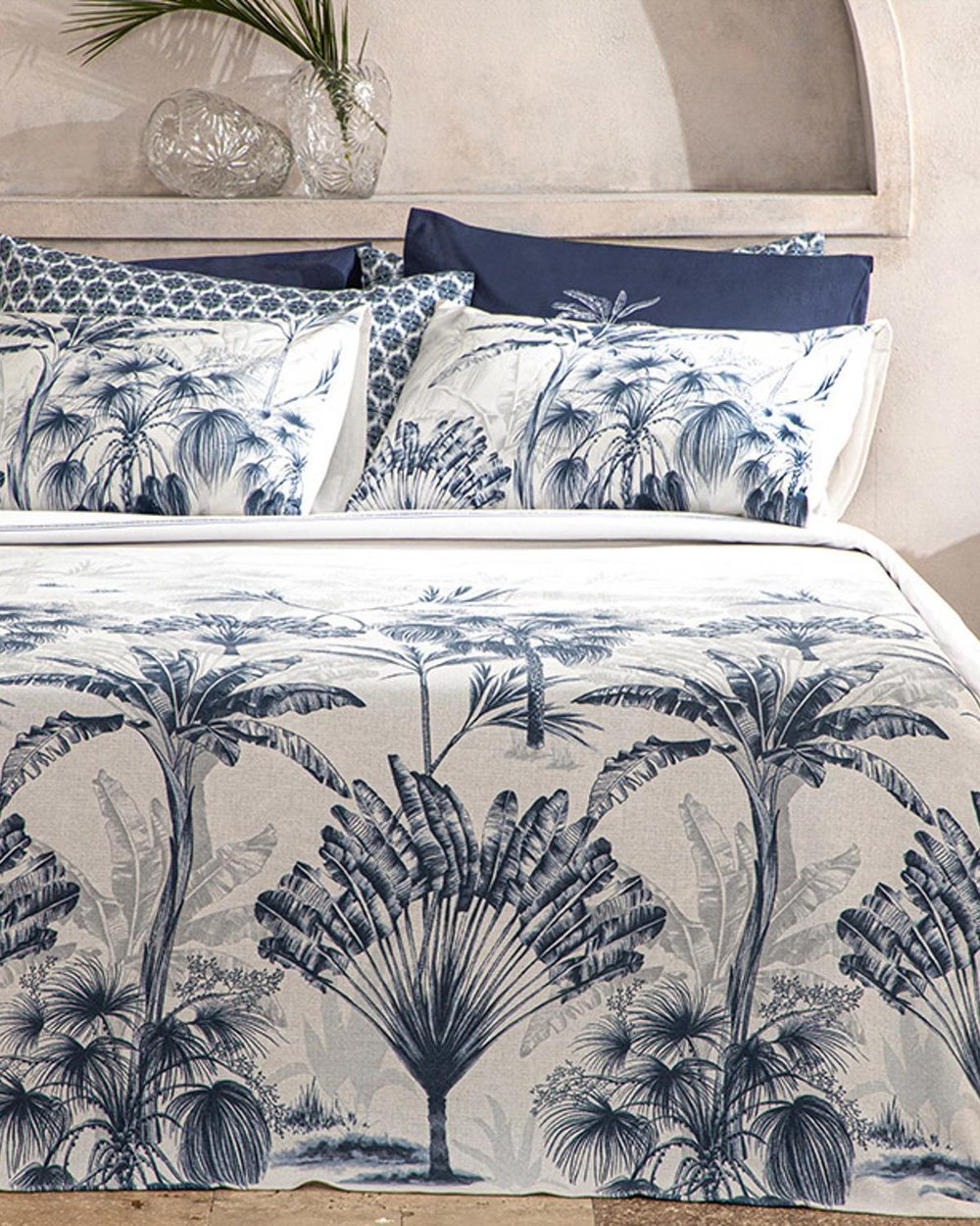 Set pătură subțire cu fețe de pernă, pentru două persoane, Palm Toile, bumbac, 200x220 cm, Indigo