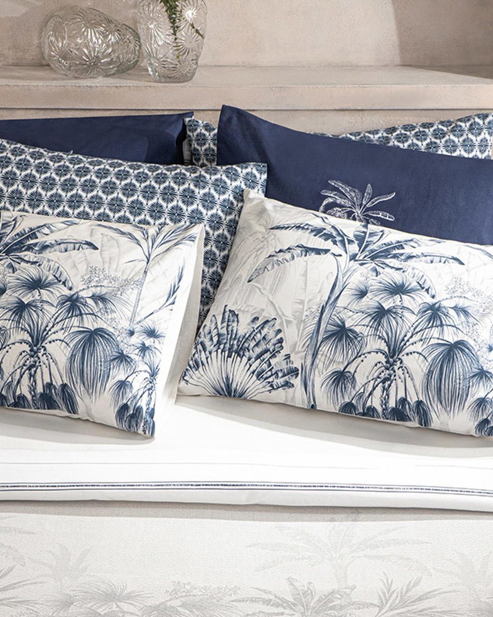 Set pătură subțire cu fețe de pernă, pentru două persoane, Palm Toile, bumbac, 200x220 cm, Indigo