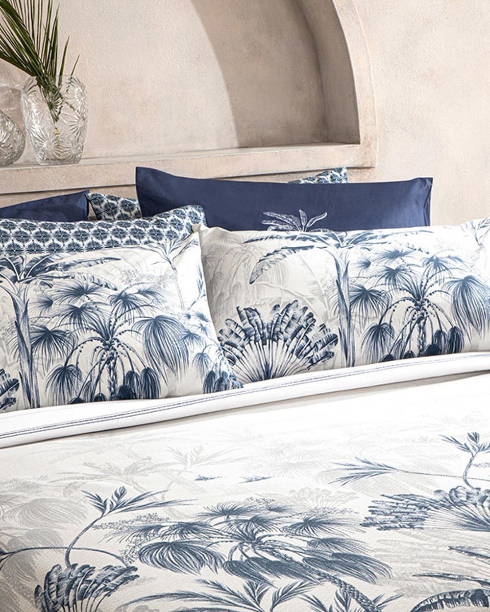Set pătură subțire cu fețe de pernă, pentru două persoane, Palm Toile, bumbac, 200x220 cm, Indigo