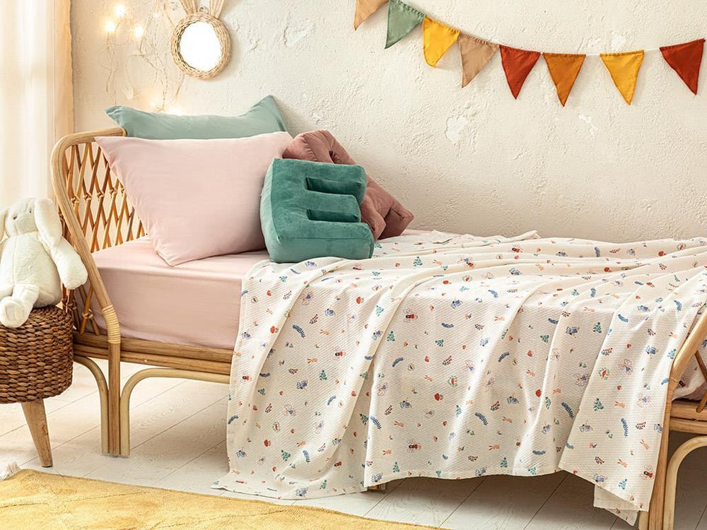 Set pătură subtire, cearșaf cu elastic și față de pernă pentru pătuț copii, Fairy, 150x200 cm, bumbac-poliester, lila