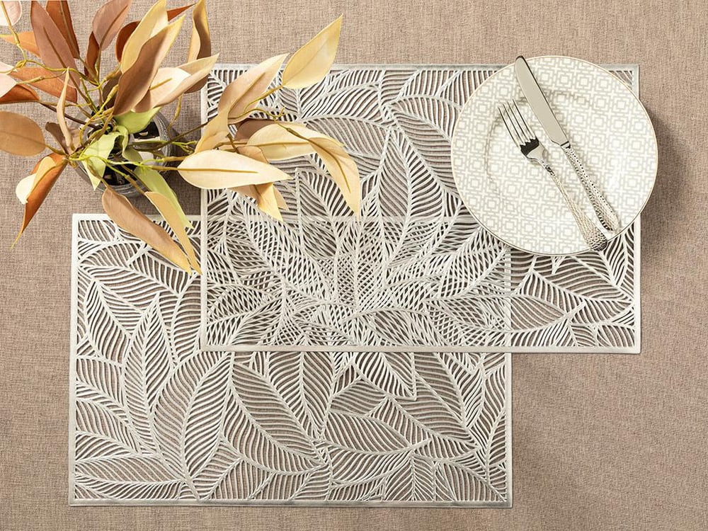 Shine Leaf PVC 2 Set Place Mat 30x45 cm Silver.
