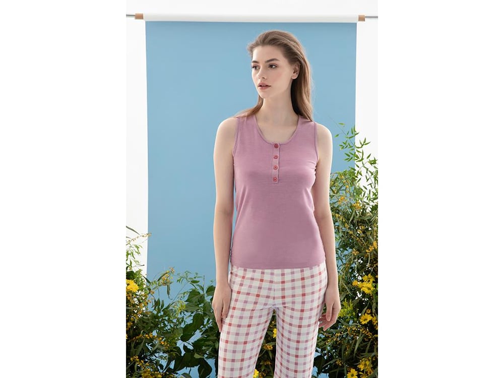 Summer Check Set De Pijamale Damă, Viscoză, Xxl, Bej-İndigo