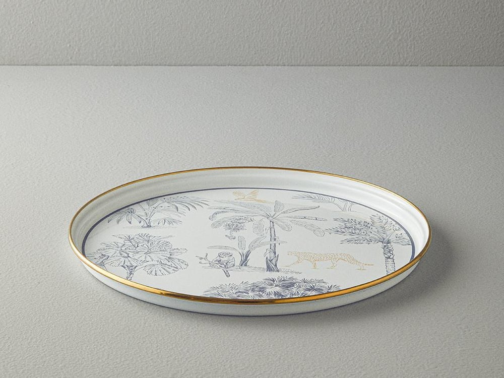 Toile Botanical Enamel Round Tray 33 cm Dark Blue - White