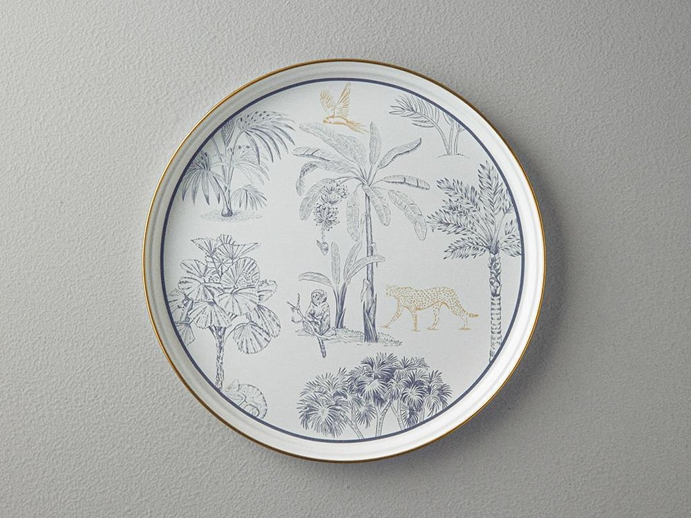 Toile Botanical Enamel Round Tray 33 cm Dark Blue - White