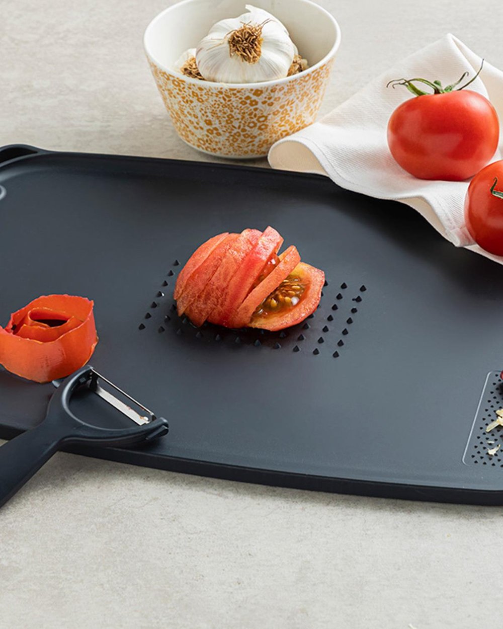 Tocător- curățător, Cutting Set, plastic, 37x26 cm, gri antracit