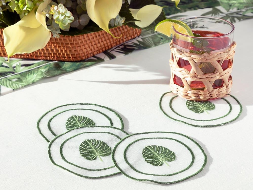 Tropical Polyester 4 Pcs Coaster 11 cm White - Green
