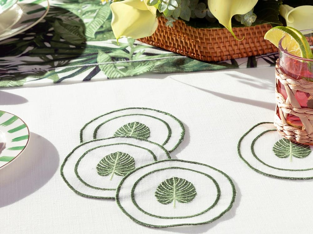 Tropical Polyester 4 Pcs Coaster 11 cm White - Green