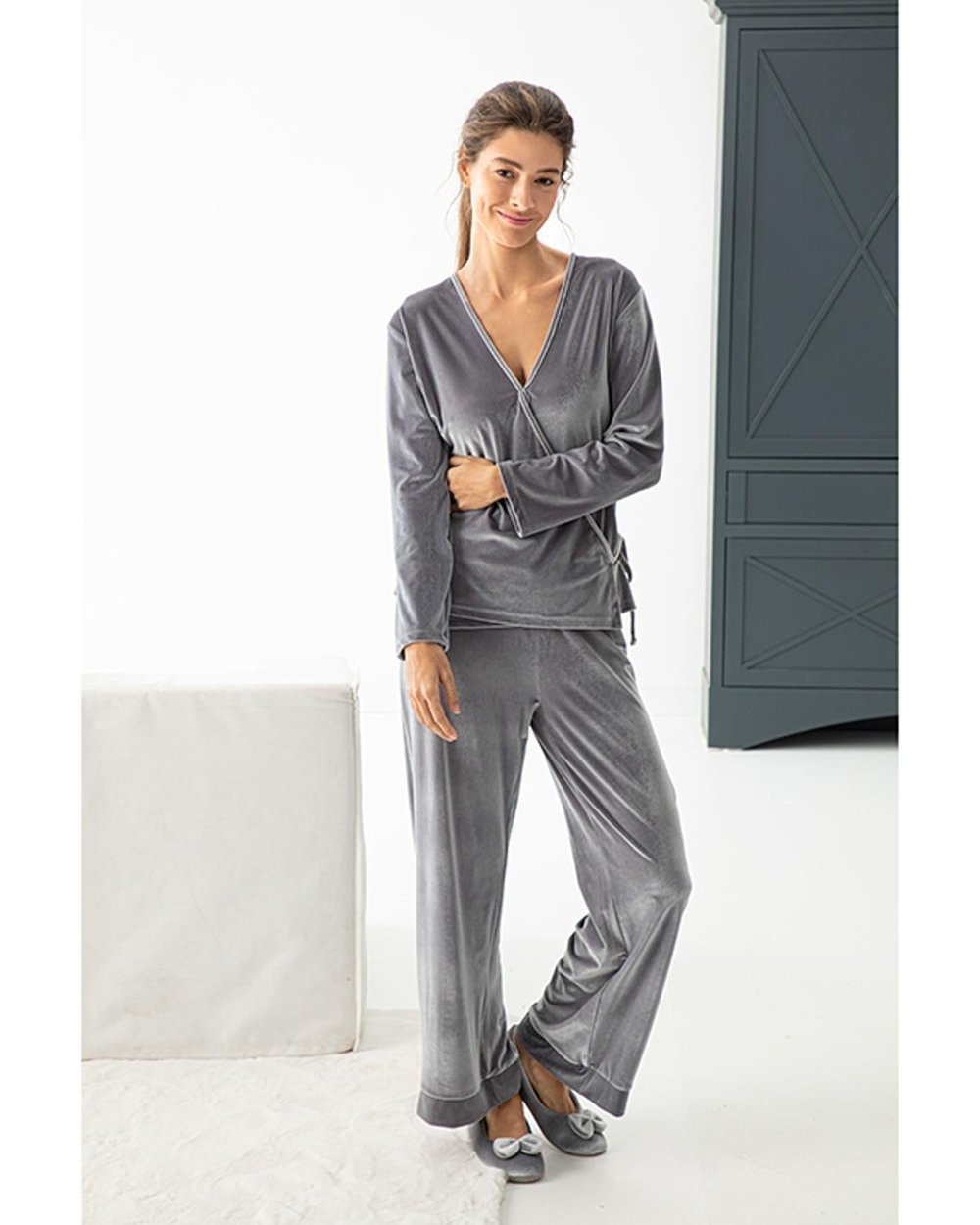 Velvet Touch Set De Pijamale Damă, Catifea, Xl, Albastru İnchis