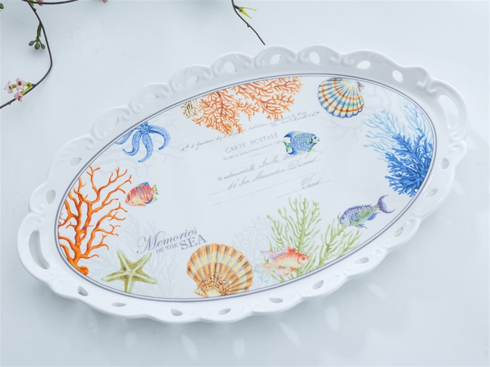 Life Of Sea Bone China Oval Tray 38 cm Blue