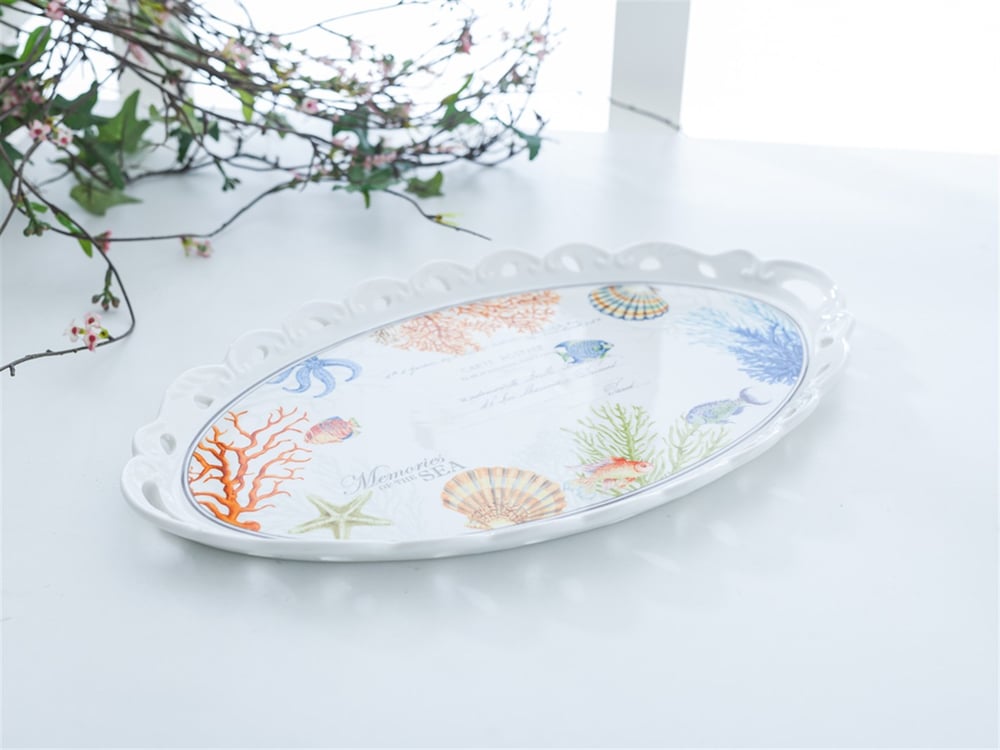 Life Of Sea Bone China Oval Tray 38 cm Blue